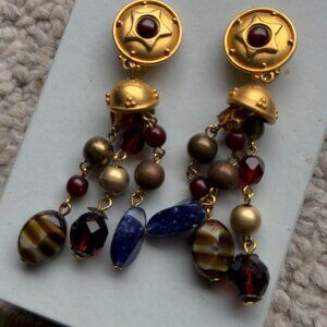 Vintage Liz Claiborne matt gold with gems dangling clip on earrings